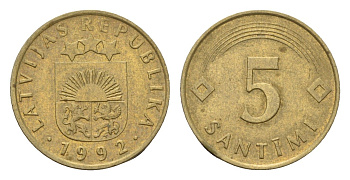 Латвия 5 сантимов 1992 KM 16 никель латунь 105-543