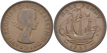 Великобритания 1/2 пенни 1957 Елизавета II (1952-2022) KM 896, Spink 4158 бронза 4592-412