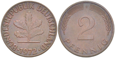 ФРГ 2 ПФЕННИГА 1972 F KM 106а, J. 381а сталь плакированная сталь плакированная медьюю 4181-768