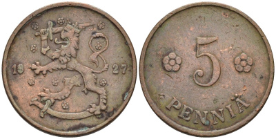 Финляндия 5 пенни 1927 KM 22 медь 96-335