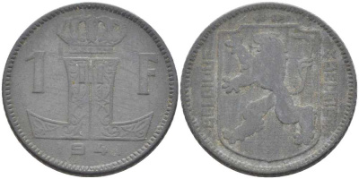 БЕЛЬГИЯ 1 ФРАНК 1941 BELGIQUE-BELGIE, ГЕРМАНСКАЯ ОККУПАЦИЯ, ВТОРАЯ МИРОВАЯ ВОЙНА, ЛЕОПОЛЬД III (1934-1950) KM 127 цинк 119-431