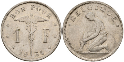 Бельгия 1 франк 1934 Belgique KM 89 никель 4150-812