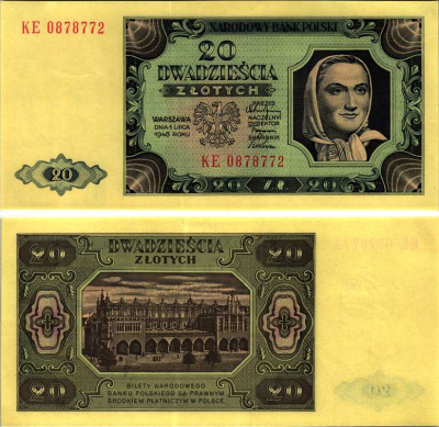 Польша 20 злотых 1948 женщина, торговые ряды в Кракове, 2 буквы в серии Pick 137 (2) бумага aUNC 00-00