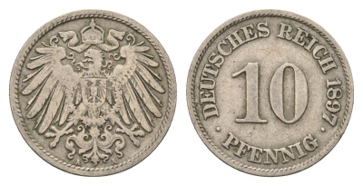 Германия 10 пфеннигов 1897 A KM 12, J. 13 медно-никель 4696-663