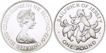 Джерси 1 фунт 1972 25 лет свадьбы Елизаветы II и Филиппа KM 36 серебро UNC 650-1245
