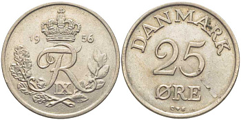 ДАНИЯ 25 ЭРЕ 1956 С;S, ФРЕДЕРИК IX (1947-1972) KM 842.2 медно-никель 202-722
