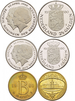 НИДЕРЛАНДЫ НАБОР ИЗ 2 МОНЕТ + ЖЕТОН МОНДВОРА 1980 30 АПРЕЛЯ 1980, коробка, сертификат медно-никель UNC 3-4-2-21