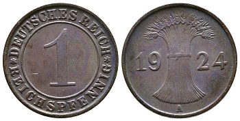 ГЕРМАНИЯ 1 РЕЙХСПФЕННИГ 1924 А KM 37, J.313 бронза 4380-1055