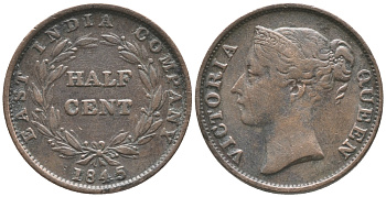 Стрейтс-Сетлментс 1/2 цента 1845 Ост-Индская компания KM 2 медь 34-131