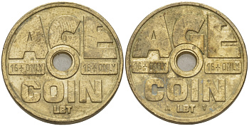 БЕЛЬГИЯ ТАБАЧНЫЙ ЖЕТОН ND AGE COIN, 16+ ONLY, ДИАМЕТР 20,5 ММ., С ОТВЕСТИЕМ В ЦЕНТРЕ, ДИАМЕТР 20,5 ММ. желтый металл 28-734