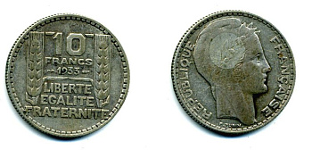 Франция 10 франков 1933 Пьер Тюрен KM 878, Le Franc 360.6 серебро 37-715