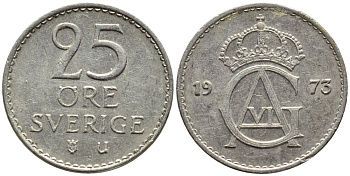 Швеция 25 эре 1973 U, Густав VI Адольф (1950-1973) KM 836 медно-никель 4396-524