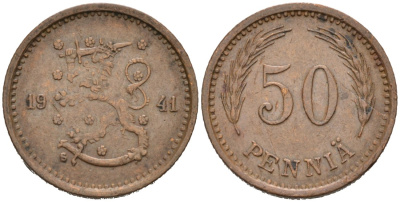 ФИНЛЯНДИЯ 50 ПЕННИ 1941 S KM 26a медь 192-1122