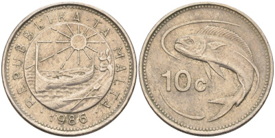 Мальта 10 центов 1986 золотая макрель KM 76 медно-никель 4588-214