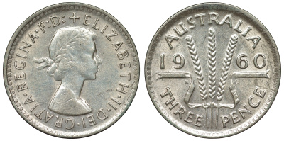 Австралия 3 пенса 1960 m, Елизавета II (1952-2022) KM 57 серебро 71-661