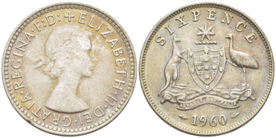 АВСТРАЛИЯ 6 ПЕНСОВ 1960 m, ЕЛИЗАВЕТА II (1953-), ГЕРБ АВСТРАЛИИ, ПРОБА 500, ДИАМЕТР 28,5 ММ. KM 58 серебро 4516-131