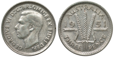 Австралия 3 пенса 1951 m, Георг VI (1937-1952), без букв KM 44 серебро 71-319