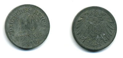 ГЕРМАНИЯ 10 ПФЕННИГОВ 1919 KM 26, J. 299 цинк 54-513