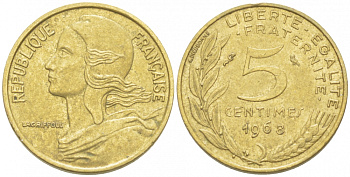 ФРАНЦИЯ 5 САНТИМОВ 1968 ТИП MARIANNE KM 933, LE FRANC 125.4 алюминиевая бронза 4516-833