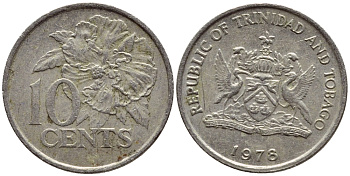 Тринидад и Тобаго 10 центов 1978 цветок гибискуса KM 31 медно-никель 4396-868