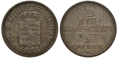 Саксония 1/2 новых гроша - 5 пфеннигов 1853 Фридрих Август II (1797-1854) KM 1158, J. 81 серебро 75-121