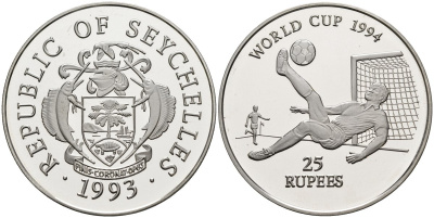Сейшельские острова 25 рупий 1993 чемпионат мира по футболу в США 1994 года, тираж 15000 экз. KM 67 серебро PROOF 1078-3-63