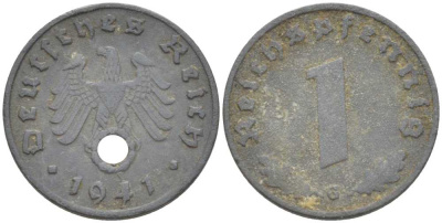 ГЕРМАНИЯ 1 РЕЙХСПФЕННИГ 1941 G KM 97, J. 369 цинк 211-551