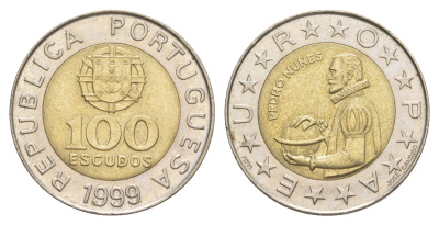 Португалия 100 эскудо 1999 Педру Нуниш (1502-1578), математик KM 645 биметалл 4391-1115