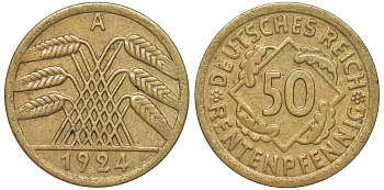 Германия 50 рентенпфеннигов 1924 A J. 310, KM 34 алюминиевая бронза 4118-315