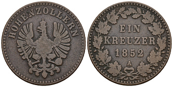 Гогенцоллерн 1 крейцер 1852 A, Фридрих Вильгельм IV (1840-1861) KM 1, Jaeger 19, AKS 24 медь 219-152