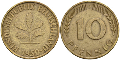 ФРГ 10 пфеннигов 1950 G KM 108, J. 383 сталь плакированная латунью 4586-634