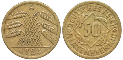 Германия 50 рентенпфеннигов 1924 A J. 310, KM 34 алюминиевая бронза 4118-315