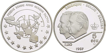 Бельгия 5 экю 1997 40 лет Римскому договору, портреты Альберта II и Бодуэна KM 205 серебро PROOF 1074-9-24