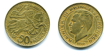 Монако 50 франков 1950 Ренье III (1949-2005) KM 132 алюминиевая бронза 71-1656