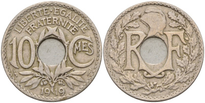 Франция 10 сантимов 1919 KM 866a, LE FRANC 138.3 медно-никель 4143-612