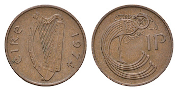 Ирландия 1 пенни 1974 мифологическая птица лира KM 20 бронза 4690-353