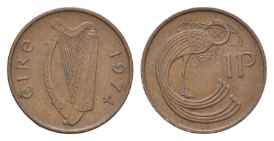 Ирландия 1 пенни 1974 мифологическая птица лира KM 20 бронза 4690-353
