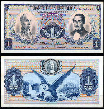 Колумбия 1 песо 1973 Симон Боливар, генерал Франсиско де Паула Сантандер Pick 404e  бумага  UNC (пресс) 444-138-1-2