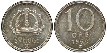 Швеция 10 эре 1950 TS, Густав V (1907-1950) KM 813 серебро 4179-641