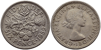 Великобритания 6 пенсов 1959 Елизавета II (1952-2022) KM 903, Spink 4149 медно-никель 75-962