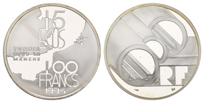 Франция 100 франков = 15 ЭКЮ 1994 Тоннель под Ла-Маншем KM 1060 серебро PROOF 11-083-45