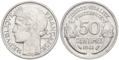 ФРАНЦИЯ 50 САНТИМОВ 1941 ТИП MORLON LOURDE KM 894.1a, LE FRANC 193.2 алюминий 44-251