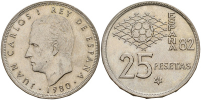Испания 25 песет 1980 (81) Чемпионат мира по футболу в Испании 1982, Король Хуан Карлос I (1975 - 2014) KM 818 медно-никель 4187-1136