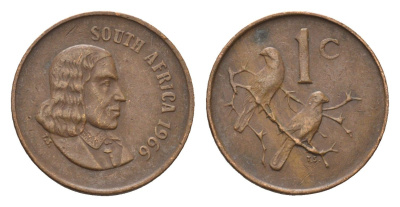 ЮАР 1 цент 1966 Ян ван Рибек (1619-1677), South Africa, легенда на африкаанс, капские воробьи KM 65.1 бронза 4690-1152