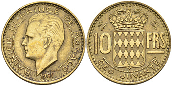Монако 10 франков 1951 Ренье III (1949-2005) KM 130 алюминиевая бронза    4169-429