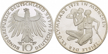 ФРГ 10 марок 1972 G, XX летние Олимпийские Игры, Мюнхен 1972, спортсмены KM 132, J. 403 серебро UNC 3457-415
