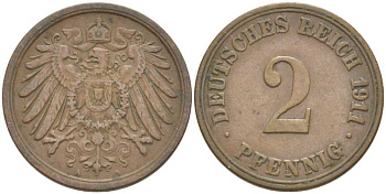 ГЕРМАНИЯ 2 ПФЕННИГА 1911 A KM 16, J. 11, Weege 4 медь 212-345