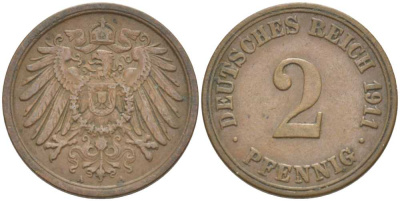 ГЕРМАНИЯ 2 ПФЕННИГА 1911 A KM 16, J. 11, Weege 4 медь 212-345