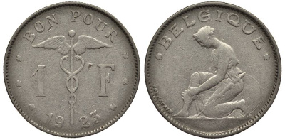 Бельгия 1 франк 1923 Belgique, Альберт I (1909-1934) KM 89 никель 27-1016