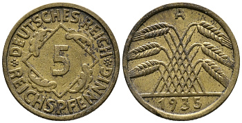 ГЕРМАНИЯ 5 РЕЙХСПФЕННИГОВ 1935 A KM 39, J. 316 алюминиевая бронза 39-611